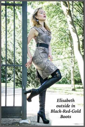 Elisabeth outside in Black Red Gold Boots